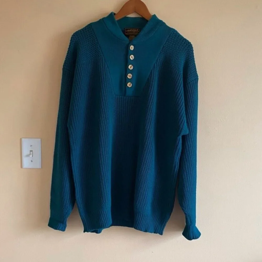 Y2K Eddie Bauer Henley Sweater Men Large TALL Cotton Chunky Knit Preppy Gorpcore - Picture 2 of 13